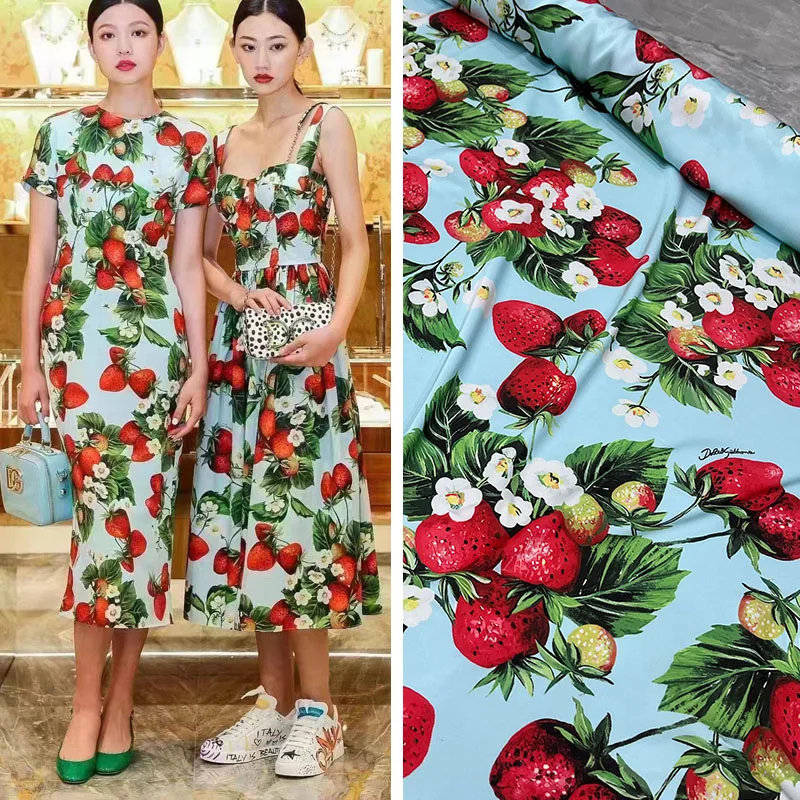 

22 autumn new product strawberry flower satin pattern cotton poplin printed fabric handmade DIY women's skirt fabric