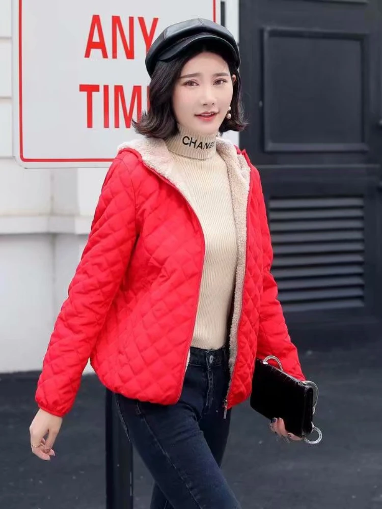 Fall/Winter 2022 Women's New Korean Edition Slim Check Lamb Fleece Hooded Closed Warm Cotton Jacket Plus Size Parkas Clothing