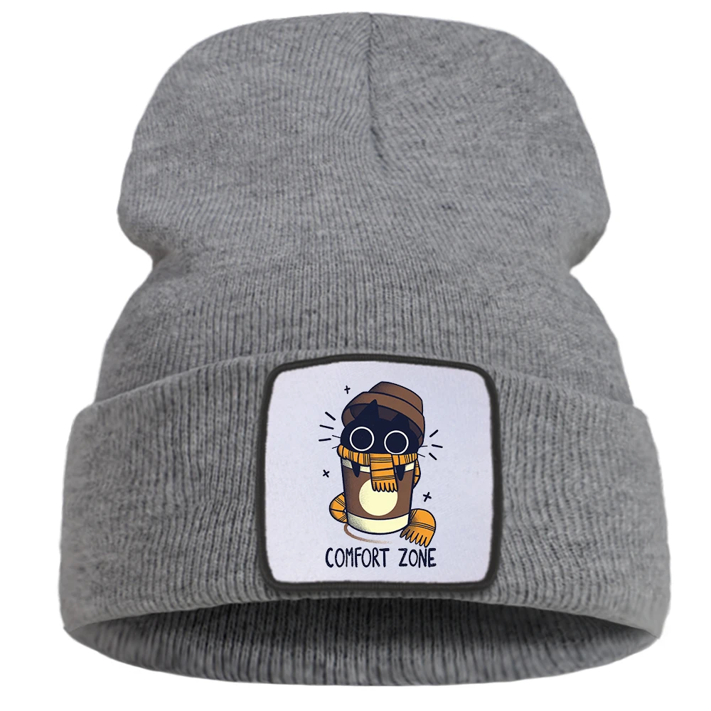 

Black Meme Cat Comfort Zone Balaclava Children'S Winter Hats Women Punk Vintage Harajuku Casual Knit Mens Caps Womens Beanie Hat