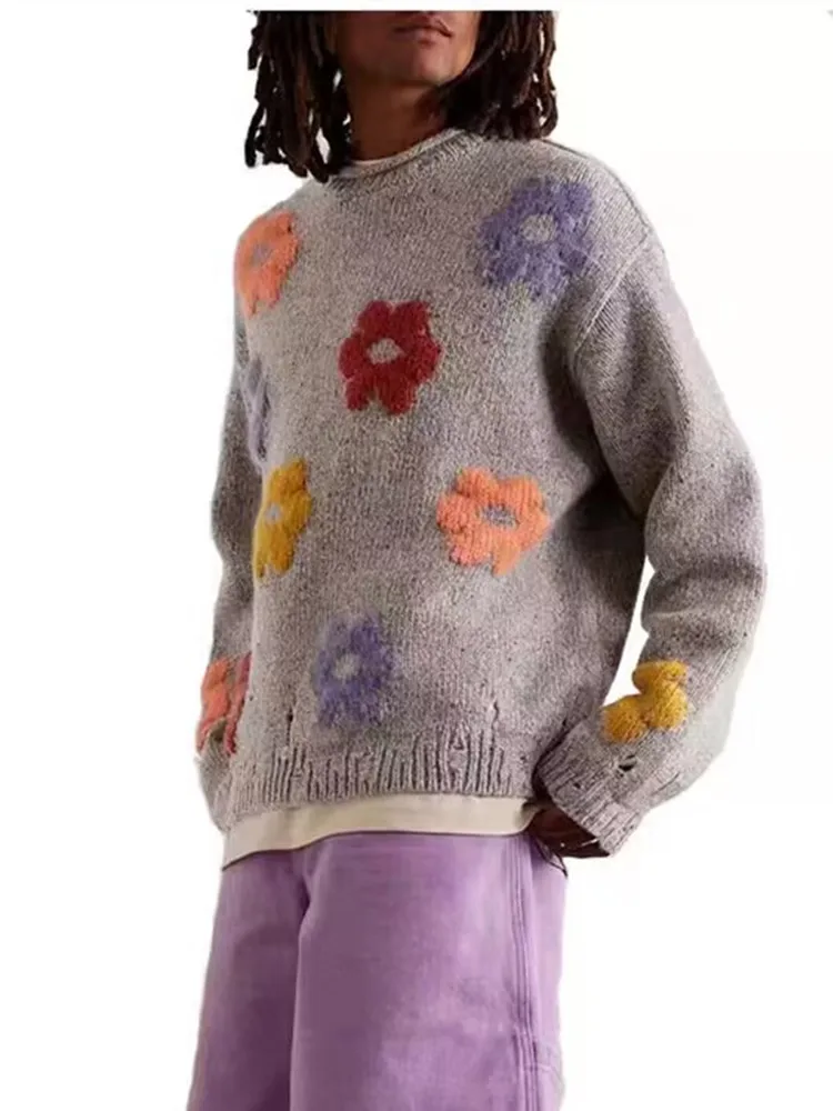 

Women Vintage Gray Sweater Floral Embroidery Long Sleeve Female Loose Round Neck Jumper Top 2023 Autumn Knitwears