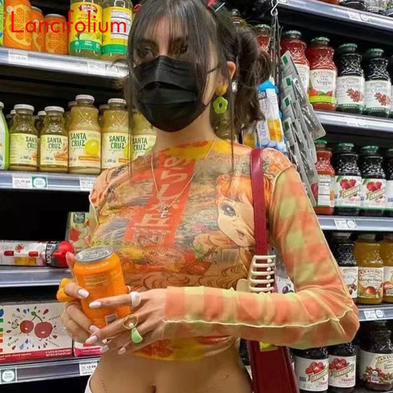 

Футболка женская сетчатая с длинным рукавом, кружевом и 3D-принтом, 2023