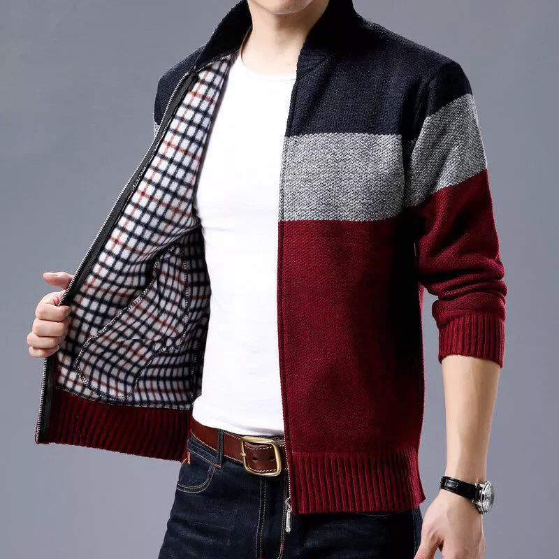 

Spring Winter New Men's Cardigan Single-Breasted Fashion Knit Plus Size Sweater Stitching Colorblock Stand Collar Coats Jac