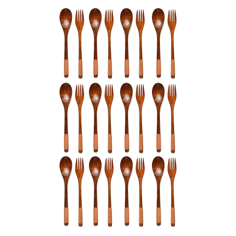 

24 Pcs Wooden 9 Inchjapanese Spoon Fork Set Kitchen Tableware Natural Wood Cutlery Wooden Dinner Cutlery Set