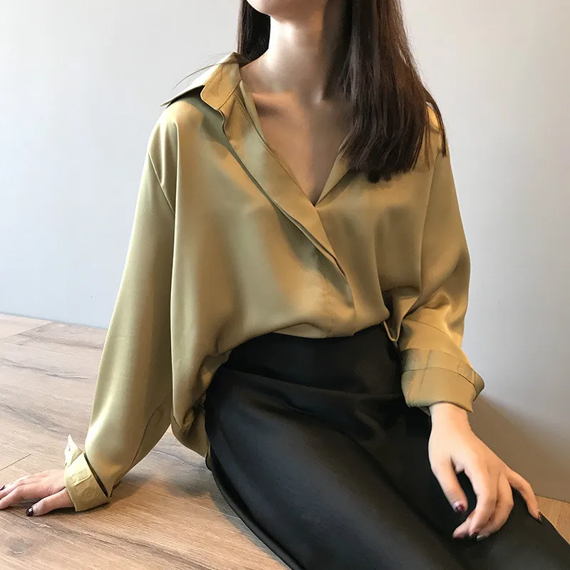 

Girls Office wear Spring Satin Blouse Female Long Sleeve Shirt Loose Solid Color Thin Ladies Blouses Vintage Casual Women Tops