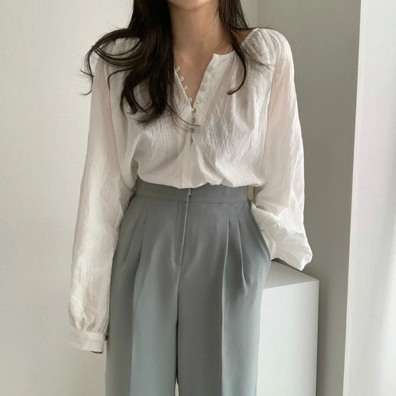 

Korean Style Lightweight Multi-button Design Pullover Blouse Women Spring Summer Girls Cute Blusa Feminina Cheap Wholesale