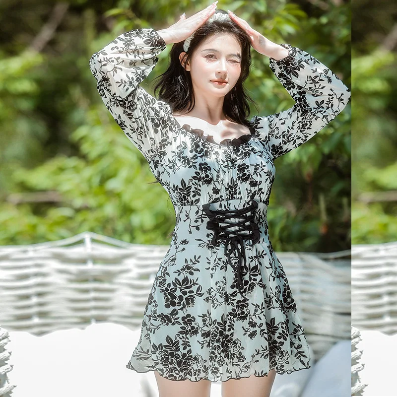 2023 One Piece Swimwear Korean Swimsuit Women Vintage Flower Print Vintage Bodysuit Bathing Suit Hot Spring Wear Beachwear