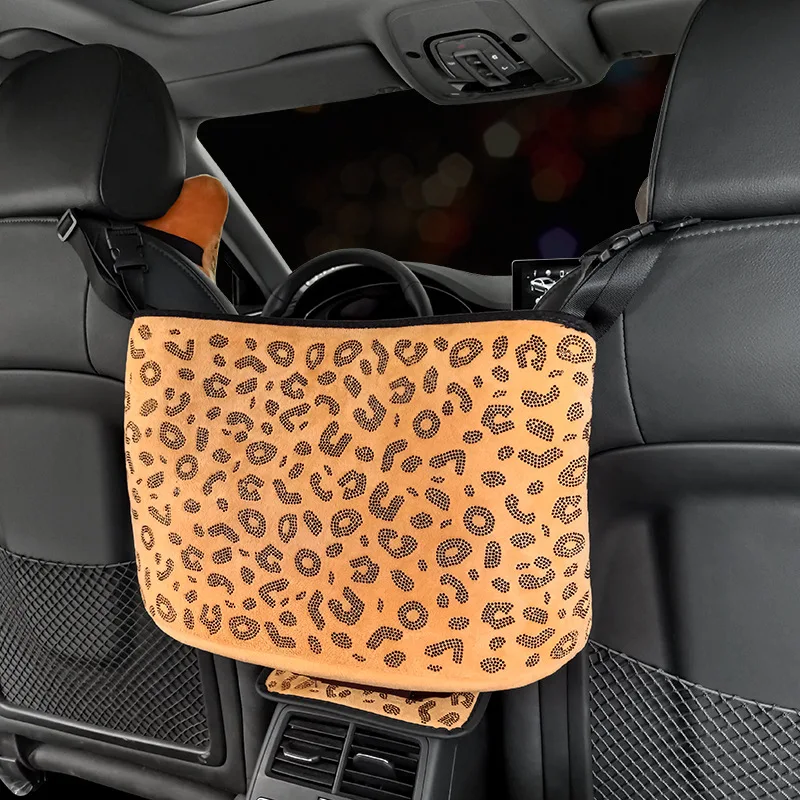 Leopard Car Seat Middle Hanging Pocket Organizers Girly Car Accessories Interior Bling Handbag Holder Women Hanger Storage Bags
