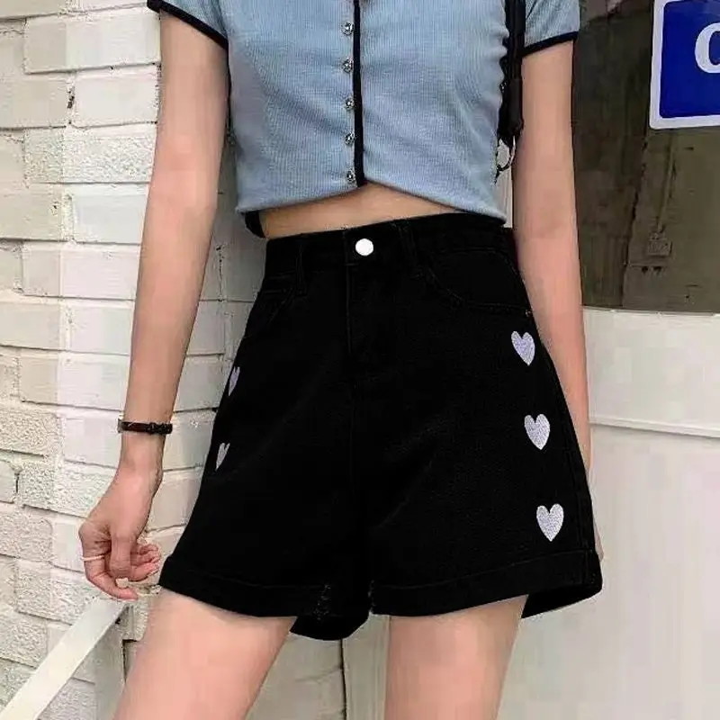 Embroidery Denim Shorts Women Korean Fashion Crimping High Waist Slim Summer Jeans Shorts Girls Sexy Hot Pants Casual Clothing