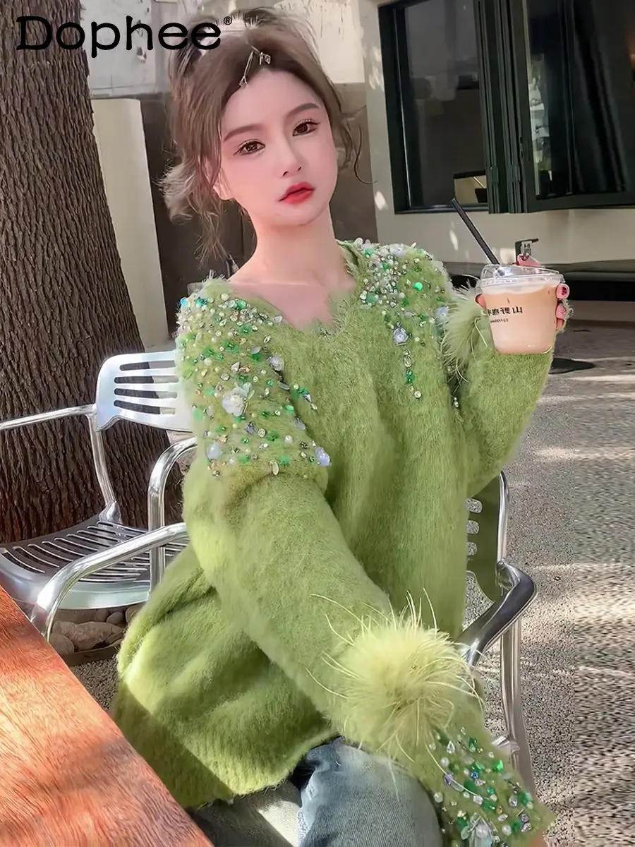 

Fashion Sweet Socialite Heavy Embroidery Sequins Sweater Pullover Women Chic Rhinestone Feather Sweet Loose Knitted Sweater Top