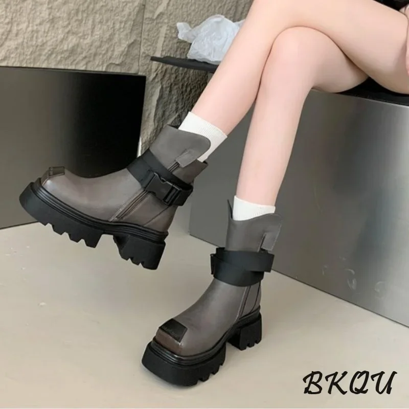 BKQU Europe 2024 осенне-зимняя новая универсальная женская обувь на толстом каблуке с