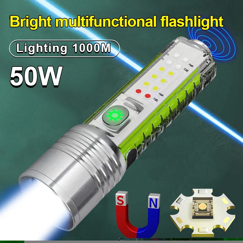 

50W Super Bright LED Flashlight Rechargeable Flashlight With Side Light Strong Magnets Lighting 1000m Mini Multifunction Torch