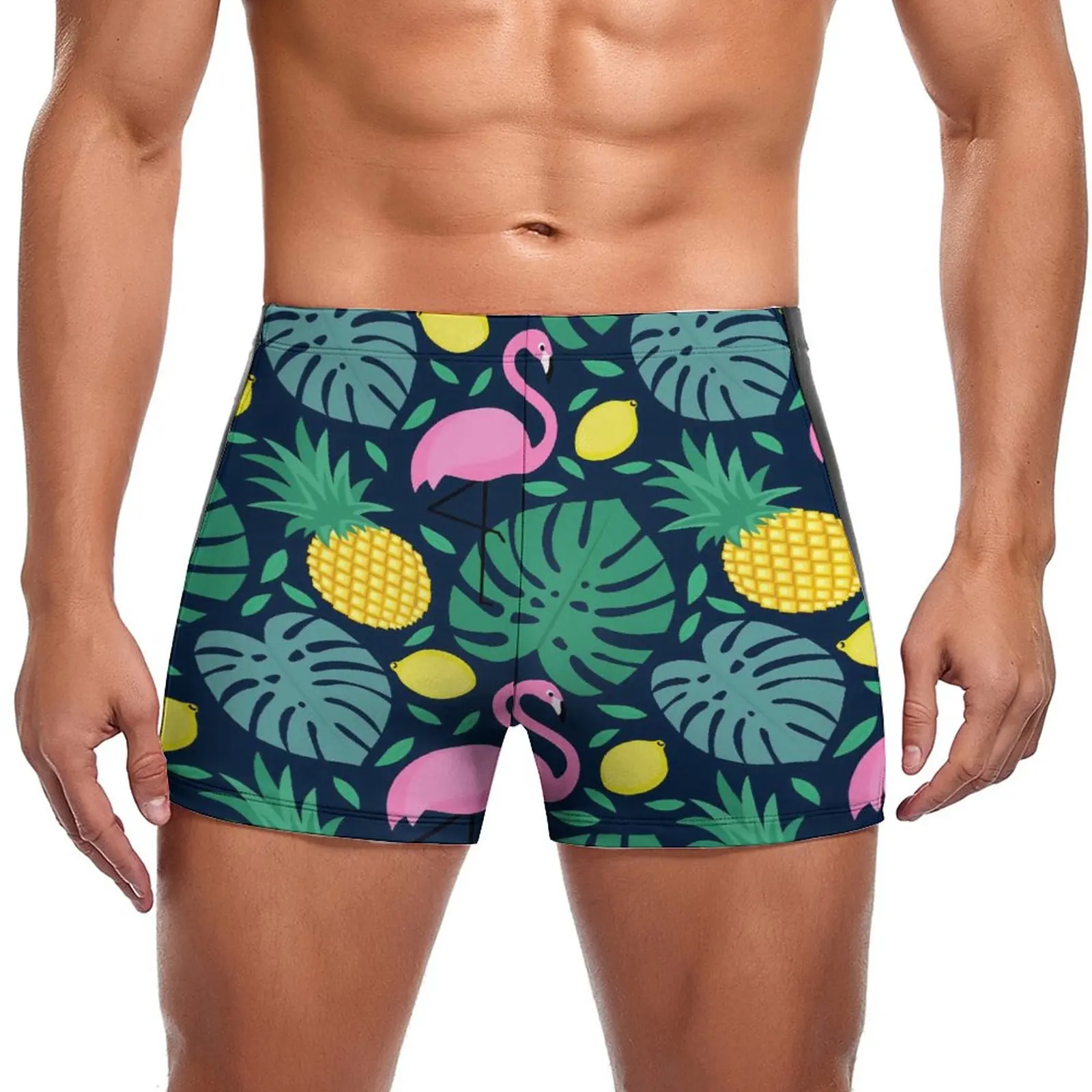 

Funny Palm Leaves Swimming Trunks Pineapple Flamingo Lemon Print Print Durable Swim Boxers Pool Push Up Men Swimsuit