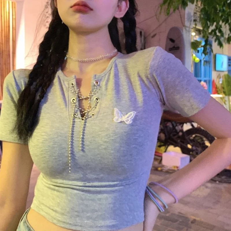 

V-neck Chain Strap Black Short-sleeved T-shirts 2021 Female Summer New T-shirt Women Ins Tide Butterfly Short Slim Tops Popular