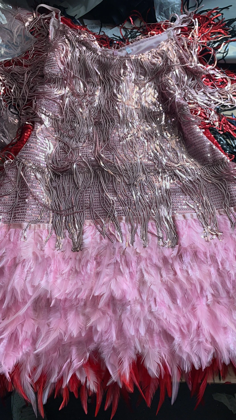 Sexy Tassel Sequins Feather Mini Dress Women Fashion Spaghetti Strap Stitching Dresses Female Elegant Evening Party Club Dress