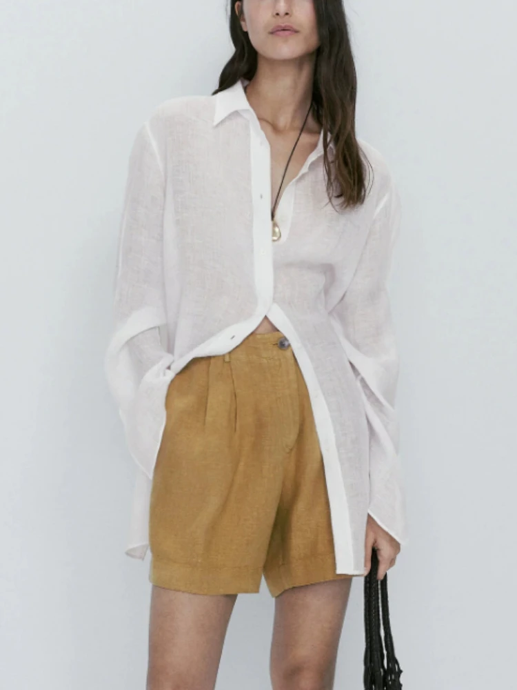 MD Women's Summer New Fashion Pleated Linen Solid Color High Waist Casual All-match Commuting Straight Wide-leg Shorts Hot Pants