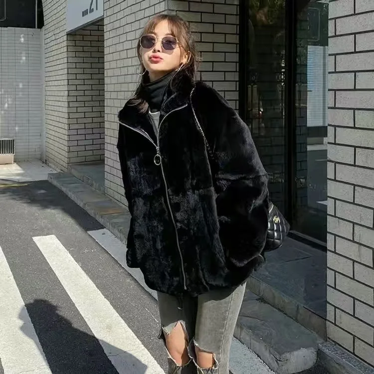 Rex rabbit fur autumn and winter jacket women Korean version ins loose stand collar fashion furry coat lazy warm zipper jackets