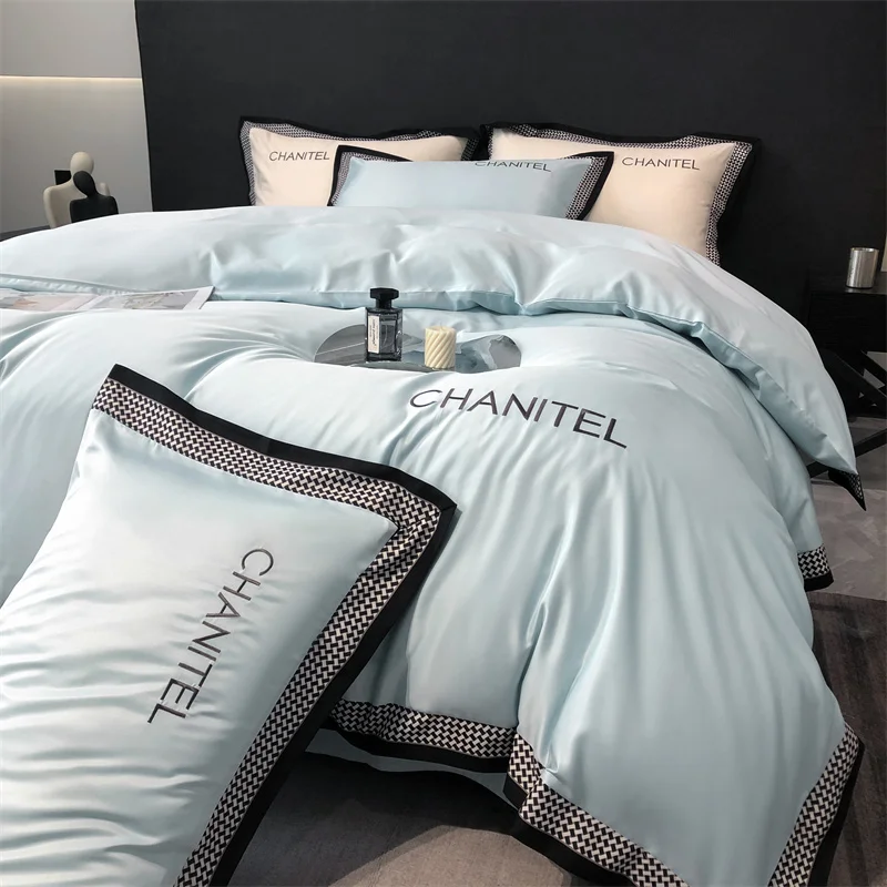

New Style Solid Color Icy Silk Three Piece Set Four Piece Bedding Set Duvet Cover with Bed Sheet Pillow Cover