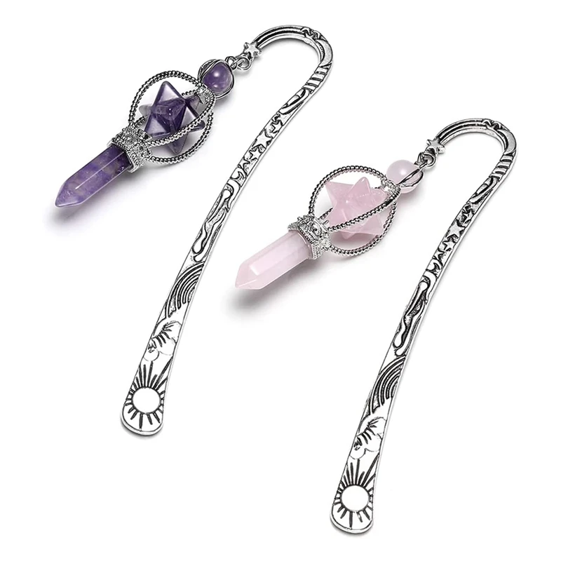 

Vintage Silver Metal Bookmarks For Women Amethyst Rose Quartz Crystal Points Merkaba Star Pendant Bookmarks For Girl
