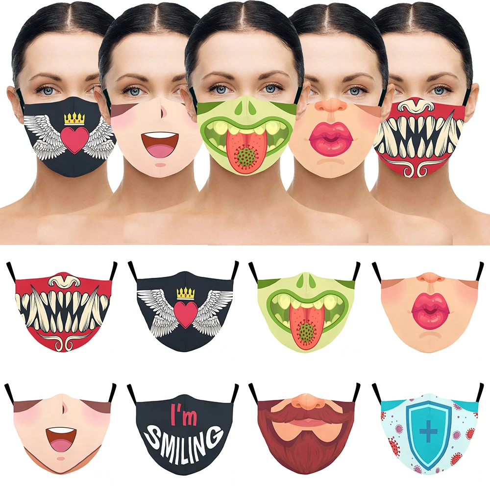 

Reusable Protective Wacky Masks With Skull Demon Female Lips Beard Snake Viruses Washable Cotton Mouth Covering Rainbow Heart