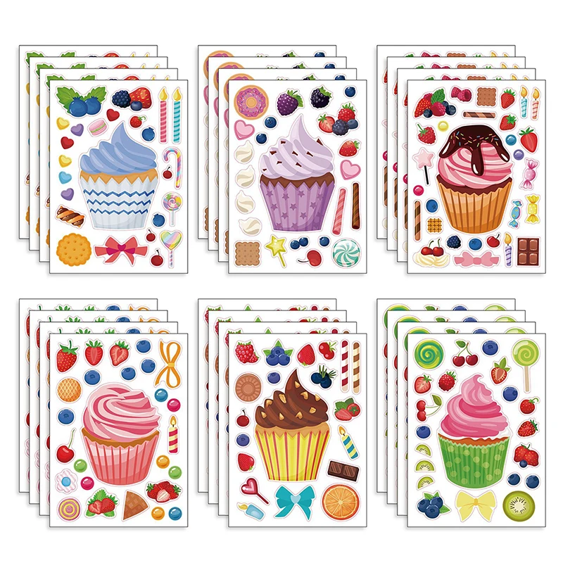 

New 6/12pcs Create Your Own DIY Puzzle Children Birthday Gifts Party Decals Make A Cupcake Sticker Sheets for Kids