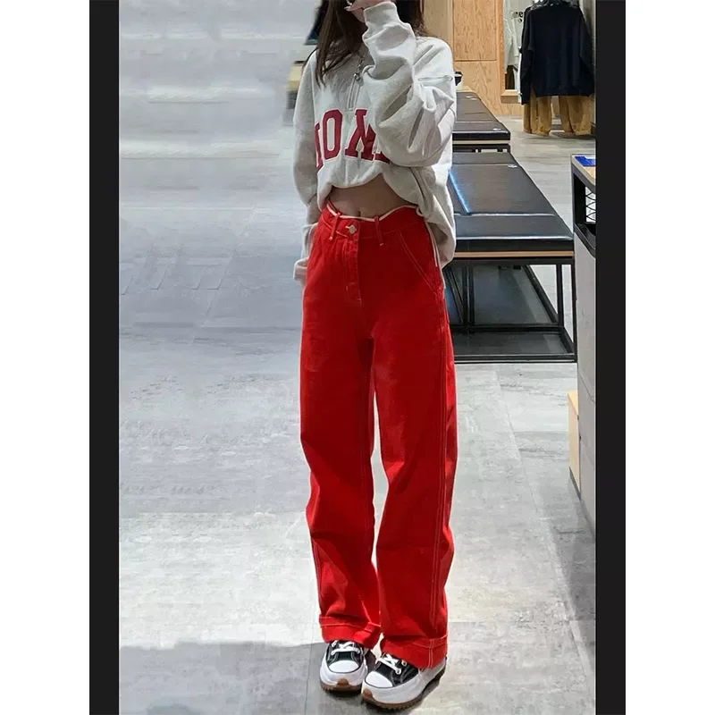 

High Street Red Jeans Women's New Loose American Retro High Waist Wide Leg Straight Casual Pants cargo pants women