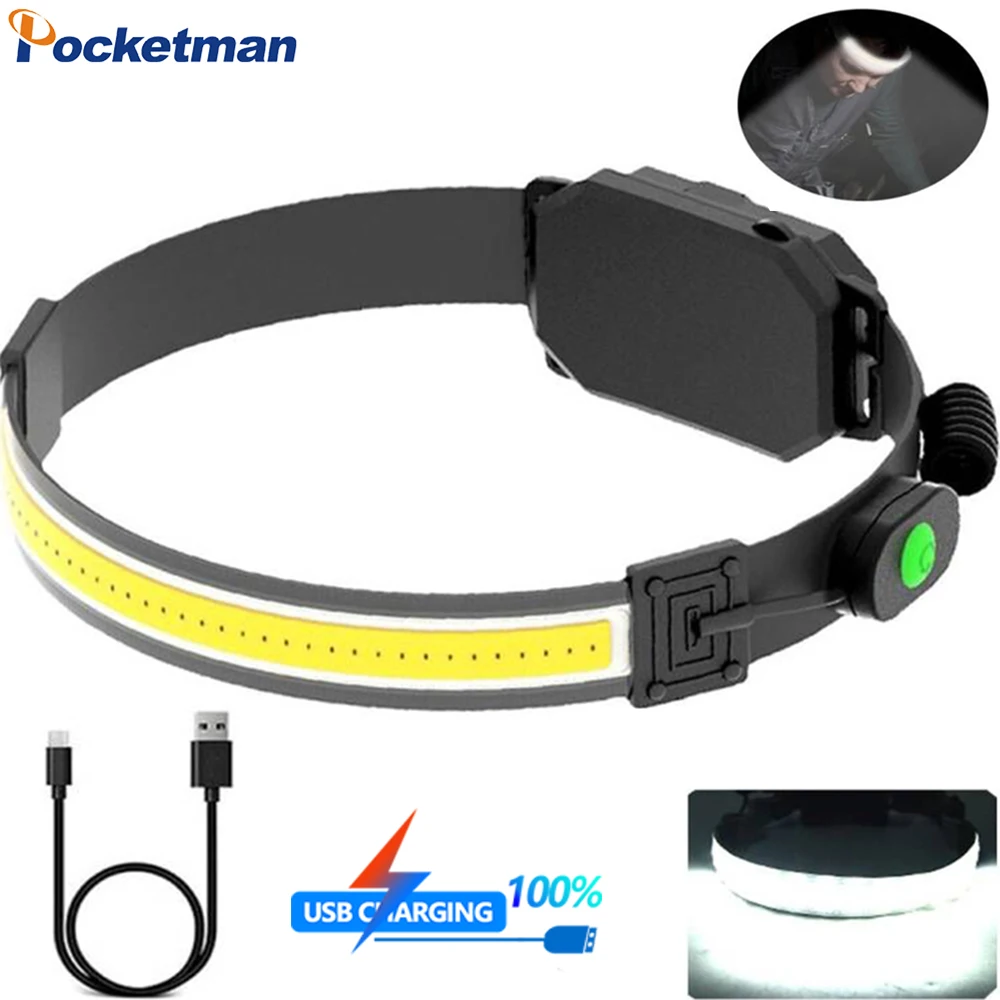 

Powerful COB LED Headlamp Adjustable Elastic Soft Headlight Strap Waterproof Headlight USB Rechargeable Headlamps Head Torch
