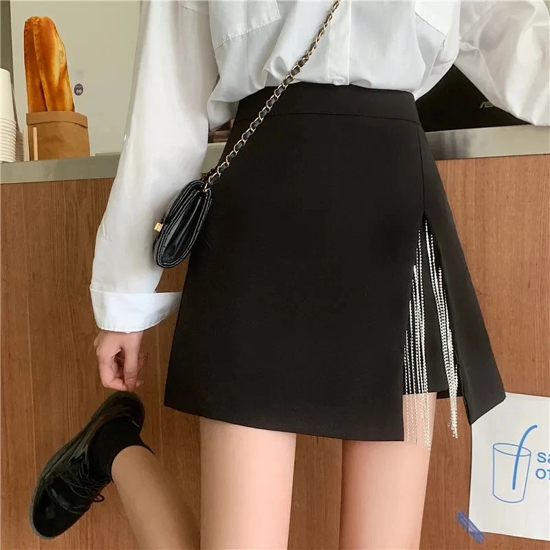 Streetwear chain tassel mini skirt with slit korean tide chic Rhinestone high waist skirt shorts white black summer skirt women