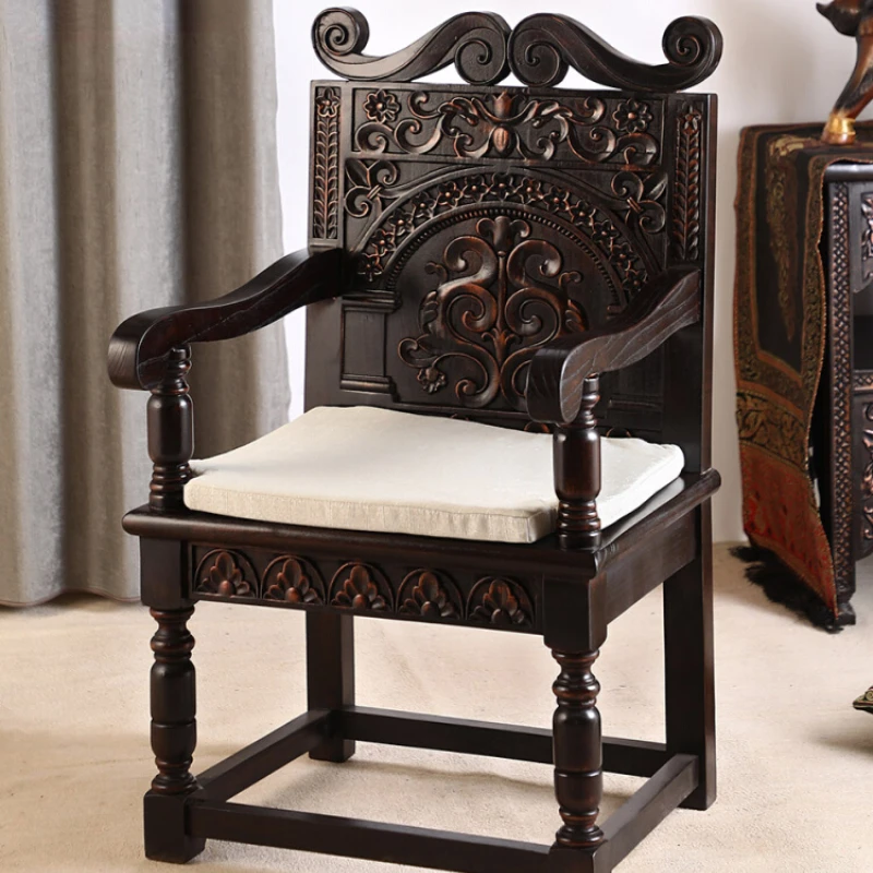 

Southeast Asian Solid Wood Chair New Chinese Old Elm Dining Chair with Backrest Armrest Tea Chair Hand Carved Stool