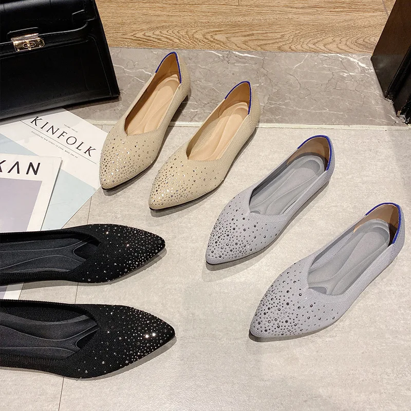 Autumn Shallow Mouth Casual Shoes Rhinestone Breathable Woven Boat Shoes Woman Knit Pointed Shoes Women's Flat Shoes Ballet Shoe