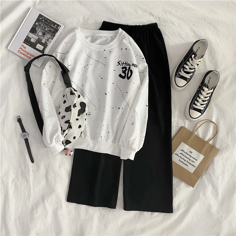 

Harajuku Print T Shirt Long Sleeve Wide Leg Pants Two Piece Sets Women 2022 Autumn Tracksuit Loose Fashion Outfits