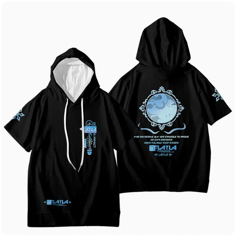 

Футболка оверсайз с 3D принтом аниме Genshin Impact, женская и мужская футболка с коротким рукавом и капюшоном Layla, повседневный Свободный пуловер, топы