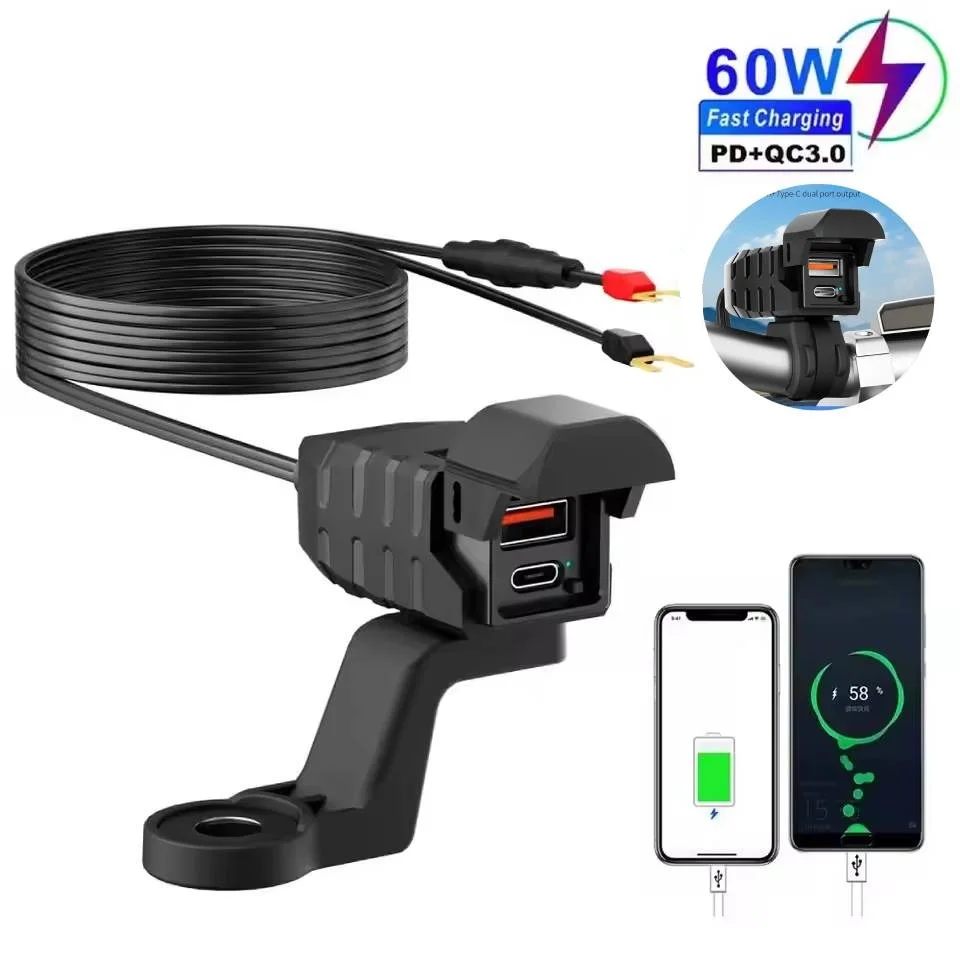 PD QC3.0 Быстрое зарядное устройство USB для мотоцикла 60 Вт руль двойная розетка типа C