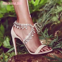 blingbling crystal fashion women wedding shoes ankle strap pointed toe cover heel stiletto genuine leather hot sale in 2022