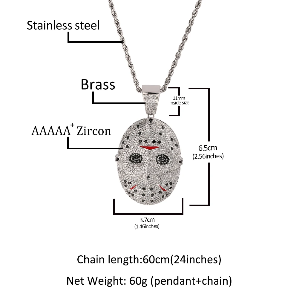 Фото Кулон Uwin Iced Jason Mask с кубическим цирконием, ужасающе красивый, для Хэллоуина, отличный подарок, украшение в стиле хип-хоп. №4