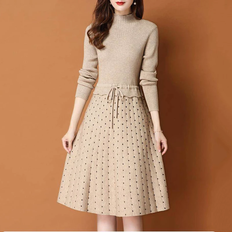 

Chic Long Knit patchwork Women dot printed Sweater Dress Thick Warm Winter Dress Female Rib Turtleneck A Line Dress Office Lady