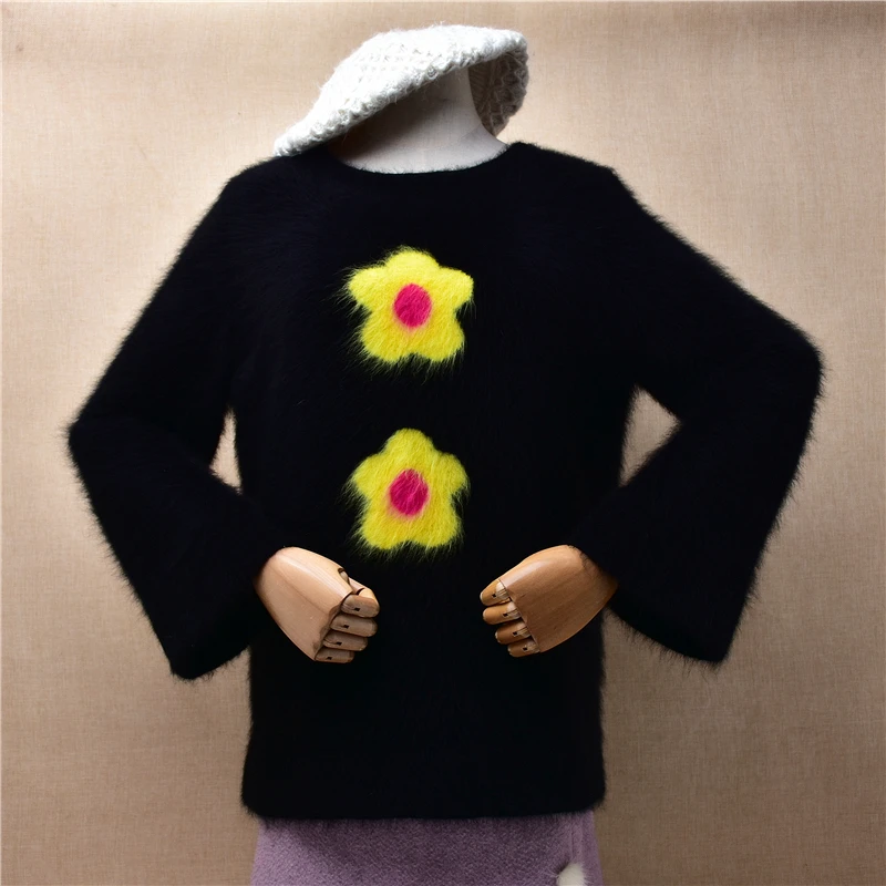 Женская осенне-зимняя одежда черный пушистый норковый кашемировый вязаный