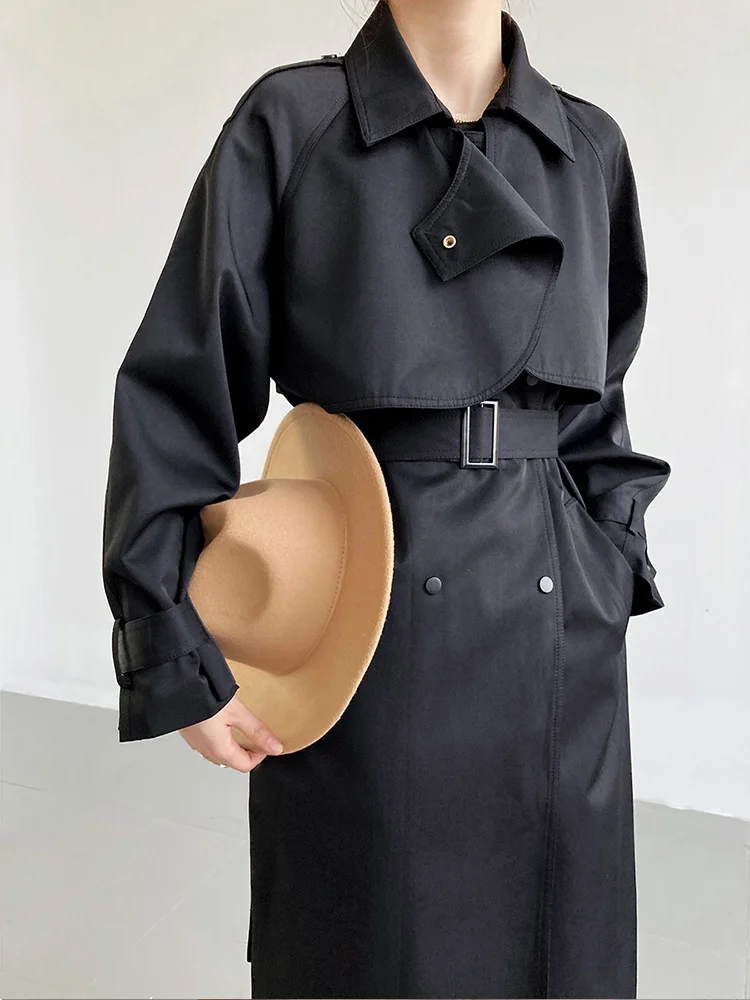 

Женская ветровка с поясом средней длины, однотонная модная одежда с отворотом, осень 2022, C251