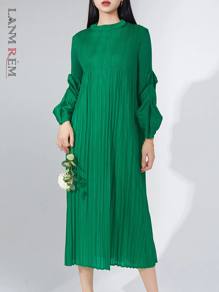 

Женское плиссированное платье LANMREM, элегантное однотонное платье трапециевидной формы с круглым вырезом и длинными рукавами, модное вечерние, осень 2023, новинка 2AA1875