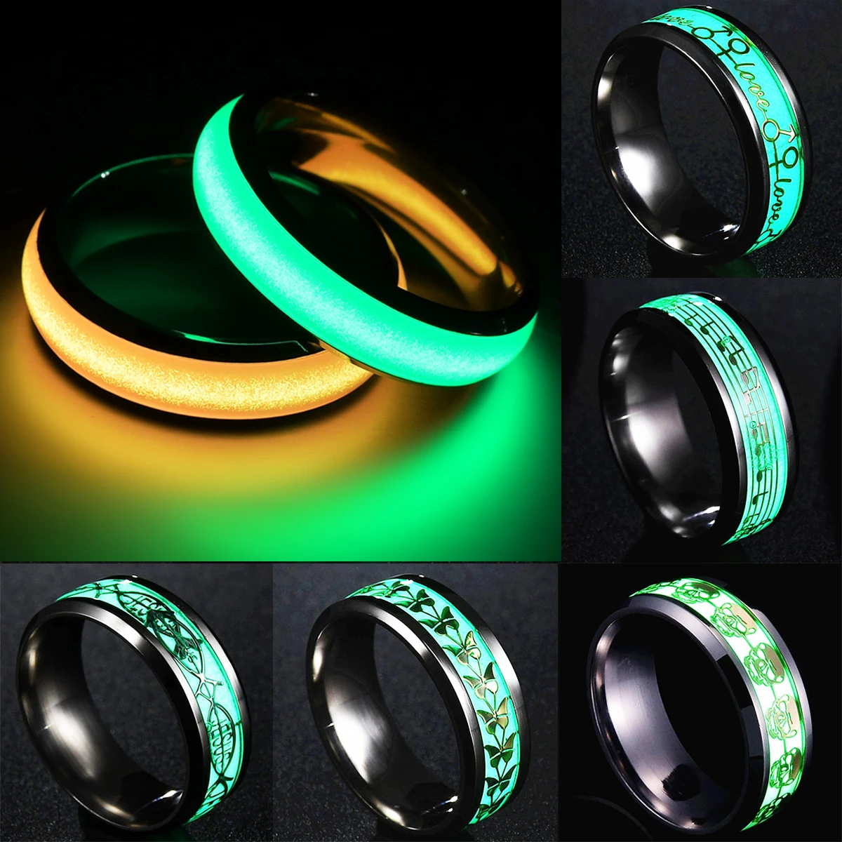 

New Arrival Luminous Ring Black Fashion Man Minimalist Stainless Steel Glowing Ring couple in the Dark Jewelry Black domineering