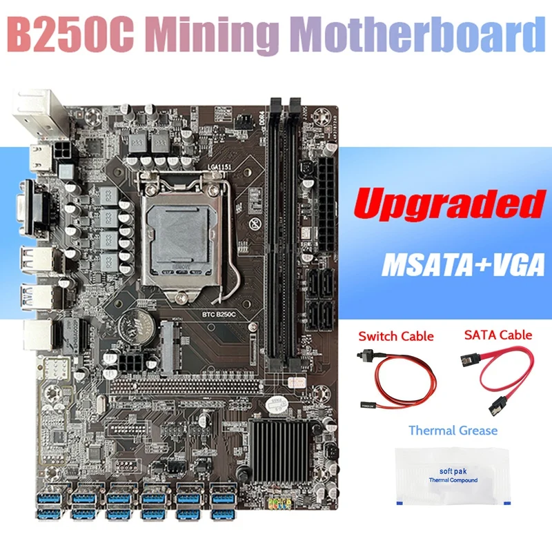 

B250C BTC Mining Motherboard+Thermal Grease+Switch Cable+SATA Cable 12XPCIE To USB3.0 GPU Slot LGA1151 For ETH Miner