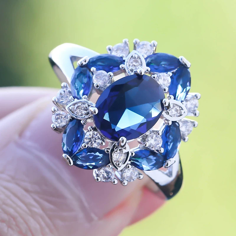 

Exquisite Oval Blue Glass Filledia Wedding Rings For Women Charming With White Glass Filled Female Band Gift