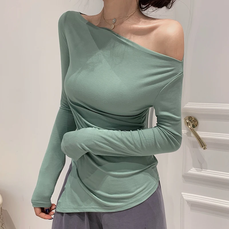 

shintimes Off Shoulder Tshirt Woman Backless Sexy T Shirt Women T-Shirt Long Sleeve Korean Style Slim Elasticity Womens Clothing