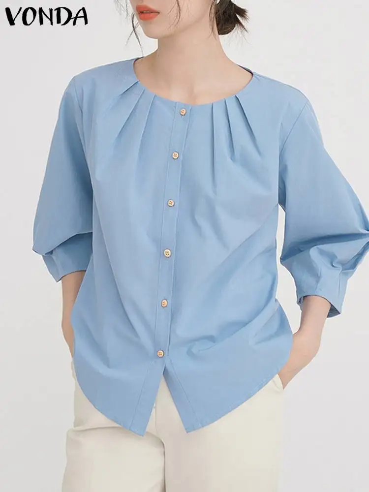 

Elegant Pleated Tunic Tops VONDA Fashion Women Blouse 2023 Solid Color Shirts Summer 3/4 Sleeve Button Casual Loose Blusas Femme