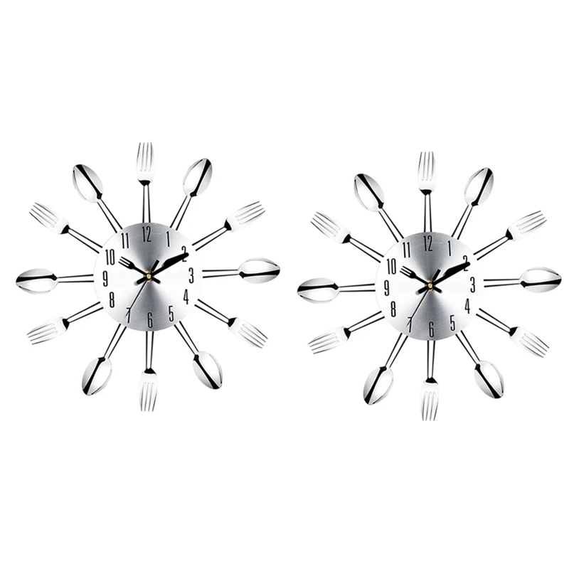 

2X Stainless Steel Knife And Fork Spoon Kitchen Restaurant Wall Clock Home Decoration
