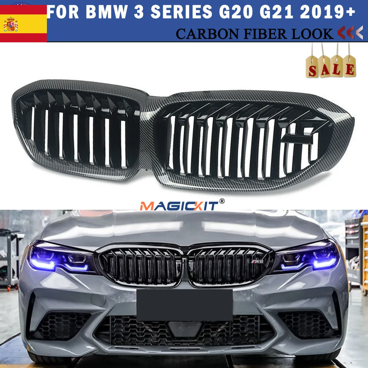 

MagicKit For BMW 3 Series G20 G21 M5 Style Grill Front Radiator Grille Carbon Fiber Look+Black 2019-2021
