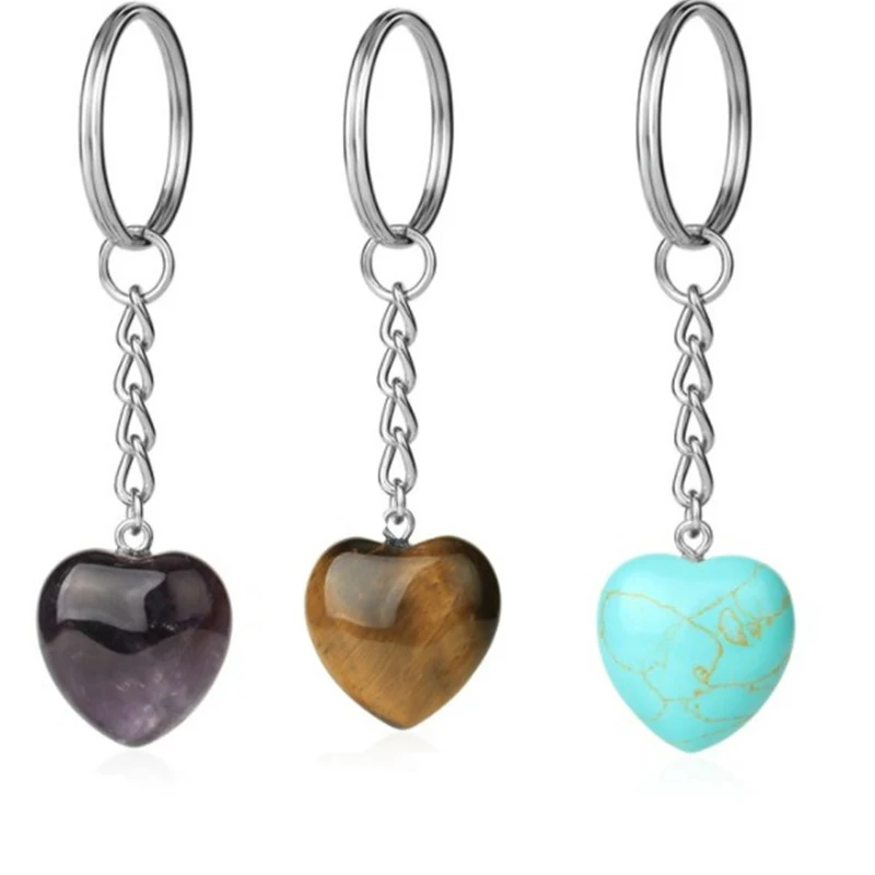 

Pink Crystal Agate Heart Keychain 20mm Tiger Eye Stone Love Pendant Bag Pants Keychain Ladies Jewelry Accessories Wholesale
