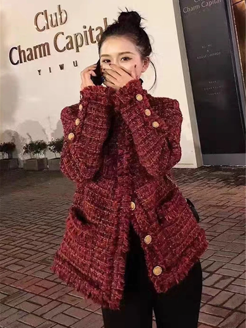 

White Tweed Short Jacket Women Fashion Elegant O-Neck Single Breasted High-End Coat Spring Office Lady Casual Outwear E248