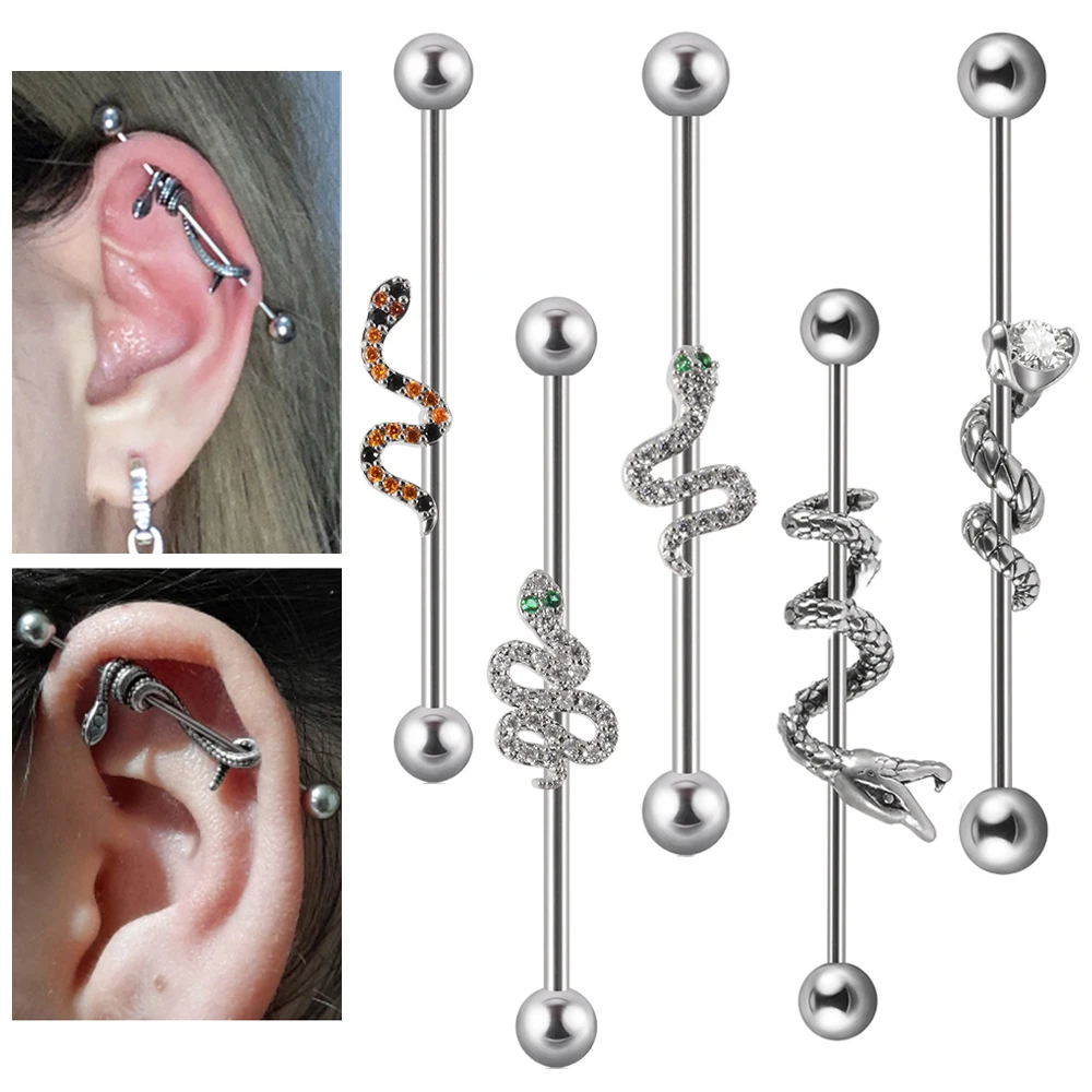 

1PCS Stainless Steel Snake Industrial Barbell 14G Zircon Stud Earrings Barbell Piercing Jewelry 16G\14G