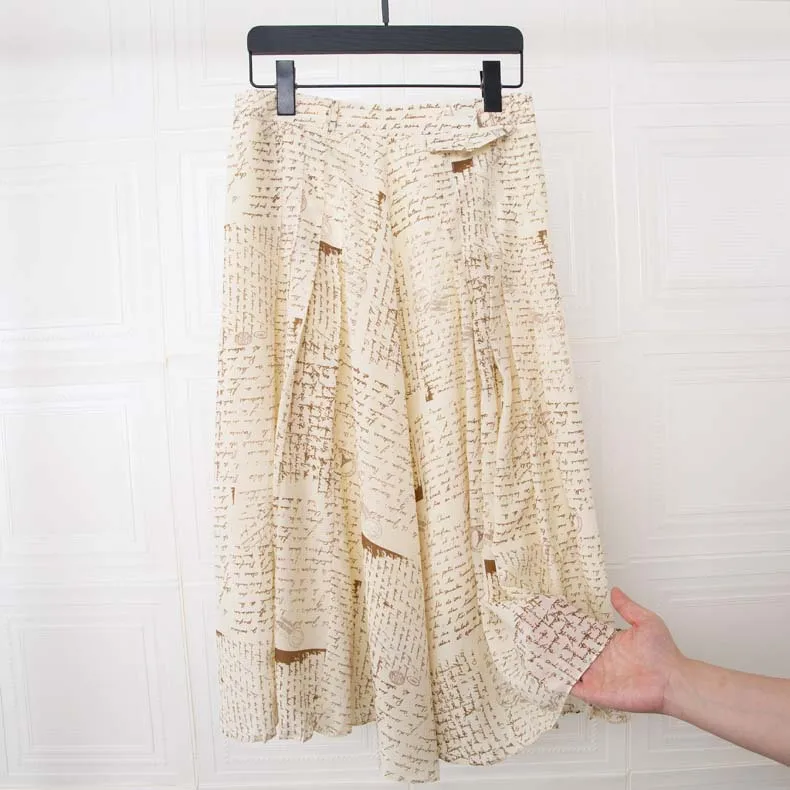 2023 Silk Long Skirts for Women Spring Letter Mulberry Silkworm Skirt Mid-length Ankle Pleated Big Hem Print Silky Skin Friendly