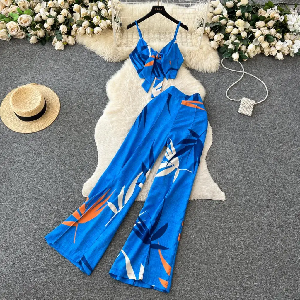 

Sexy Floral Print Elegant Women Pantsuit Summer Spaghetti Strap Camisole Wide-Leg Pants 2 Pieces Set Female Beach Outfits